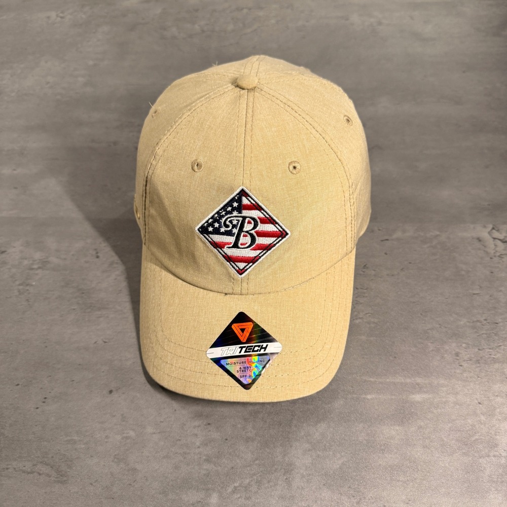 Pukka Bluestone Country Club Golf Hat KhakiTan Tri-Tech Performance Cap USA Flag